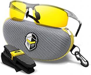 BLUPOND Night Driving Glasses - Semi Polarized Yellow Tint Anti Glare HD Lens Clear Vision - Unbreakable Metal Frame with Car Clip Holder - Knight Visor